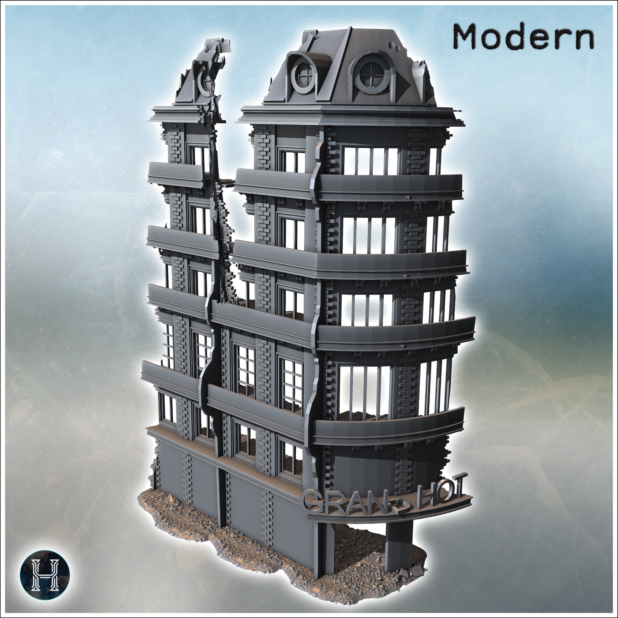 Grand hotel destroyed facade with curved windows, structural damage, and detailed textures along the building (6) - Modern WW2 WW1 World War Diaroma Wargaming RPG Mini Hobby